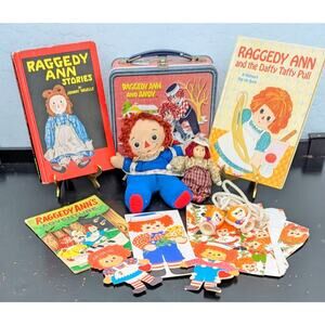 Raggedy Ann Lot Lunchbox Dolls Jump Rope, Books Cards Vintage Collection